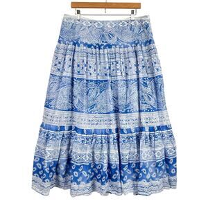 BOHO TRENDY VTG Jones New York Blue White Pleated FLOWY BACK Zip Midi Skirt 10